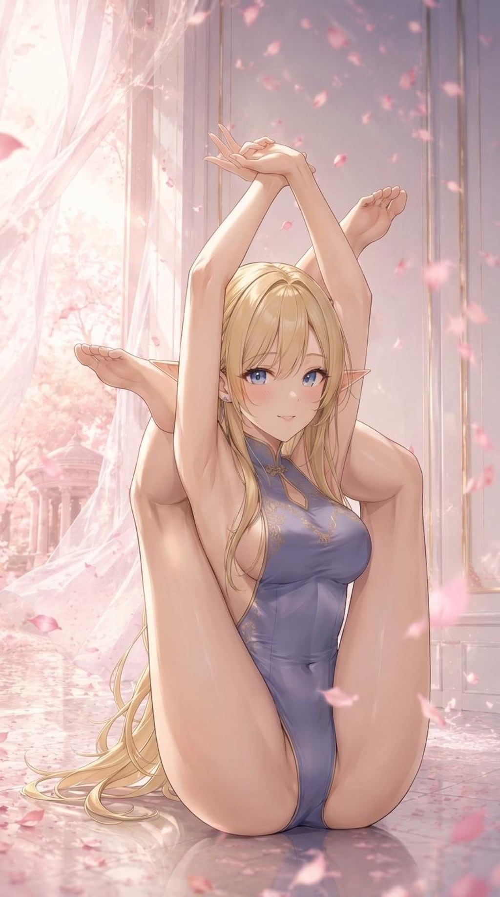 折り畳まれたパイプ椅子のポーズをするエルフさん