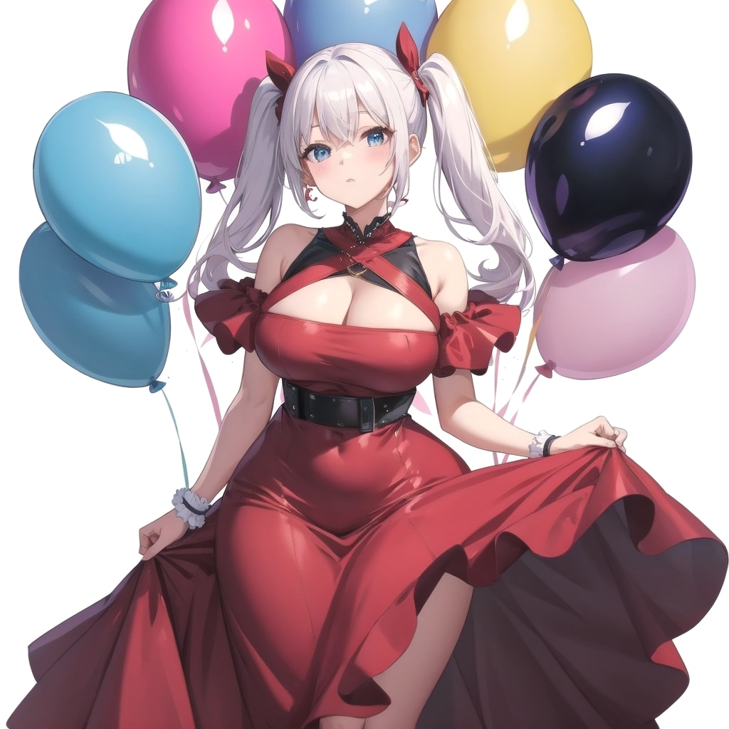 いっぱい色とりどりの風船を持つ白い髪ロングツインテールの赤いドレス着た美女