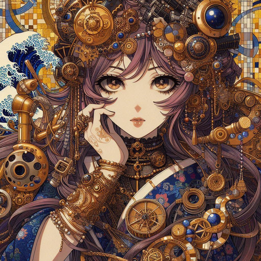 美少女、クリムト風、葛飾北斎風、スチームパンク