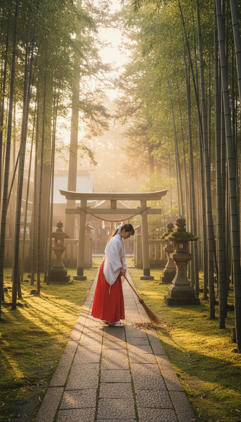 早朝の日本の美しい神社の境内を竹箒で掃き清める巫女の全身写真 | の人気AIイラスト・グラビア