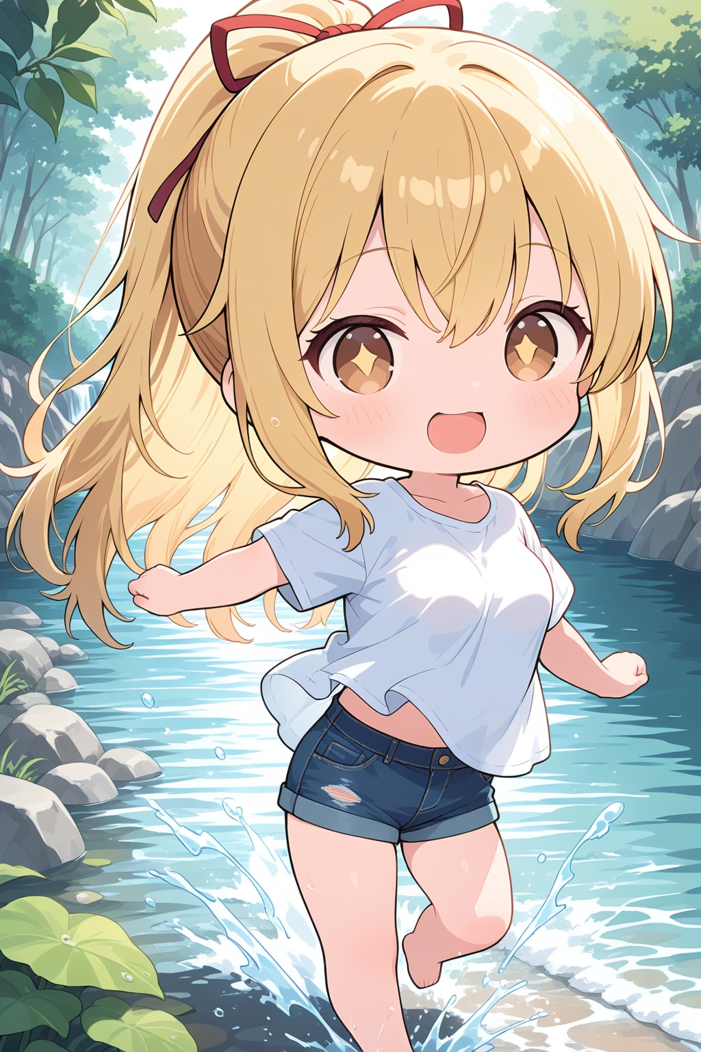 ショートデニムなちび金ポニテちゃんの川遊び