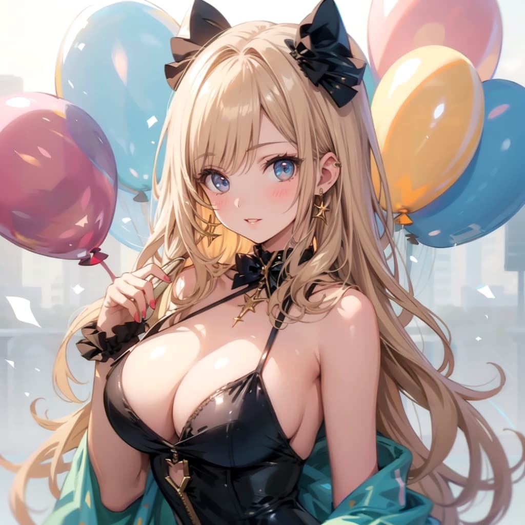 いっぱい色とりどりの風船を持つブロンドロングウェーブヘアのアイドル衣装着た美少女