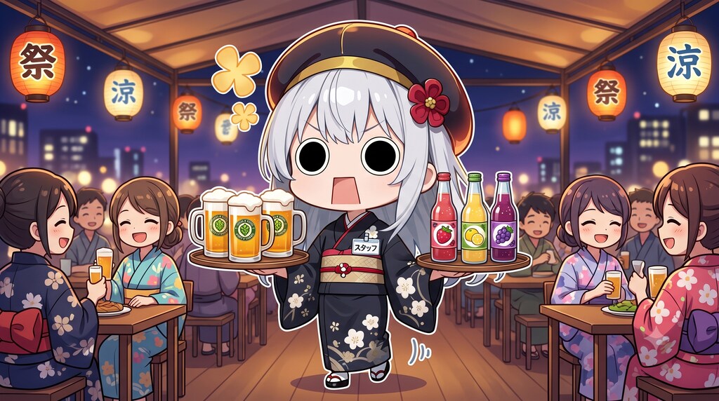 ビヤガーデンで炭酸飲料を運ぶえらいこっちゃ嬢