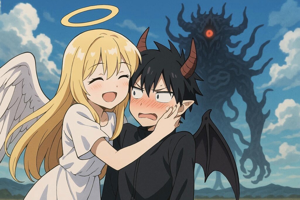 天使の女の子(以下甲)と悪魔の男の子(以下乙)と超巨大な混沌の怪物(以下丙)