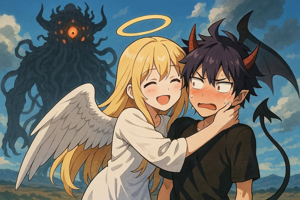 天使の女の子(以下甲)と悪魔の男の子(以下乙)と超巨大な混沌の怪物(以下丙)