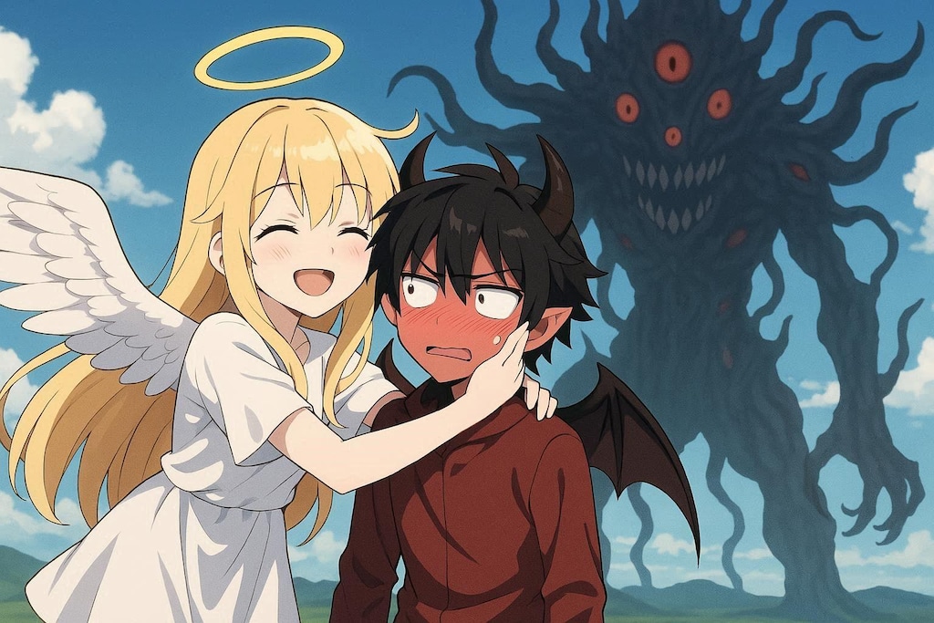 天使の女の子(以下甲)と悪魔の男の子(以下乙)と超巨大な混沌の怪物(以下丙)