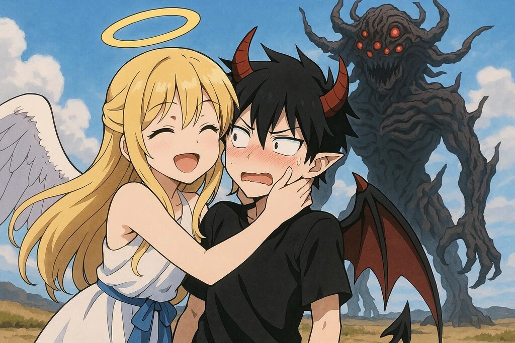 天使の女の子(以下甲)と悪魔の男の子(以下乙)と超巨大な混沌の怪物(以下丙)