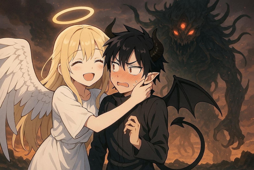 天使の女の子(以下甲)と悪魔の男の子(以下乙)と超巨大な混沌の怪物(以下丙)