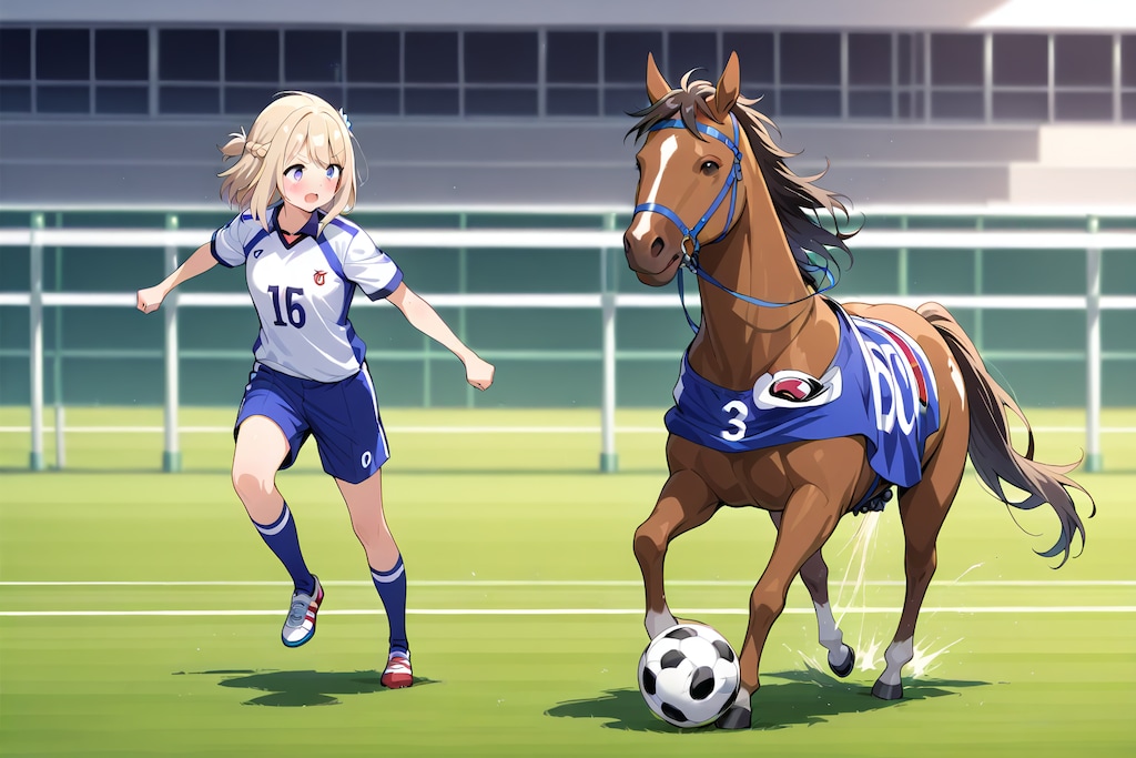 馬とサッカーをする少女。
