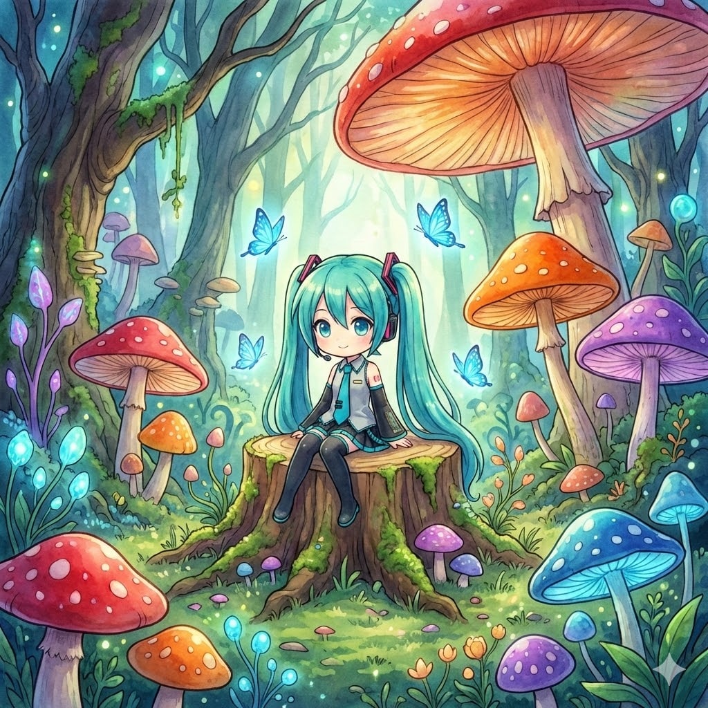 ちびミクが切り株に座る | の人気AIイラスト・グラビア