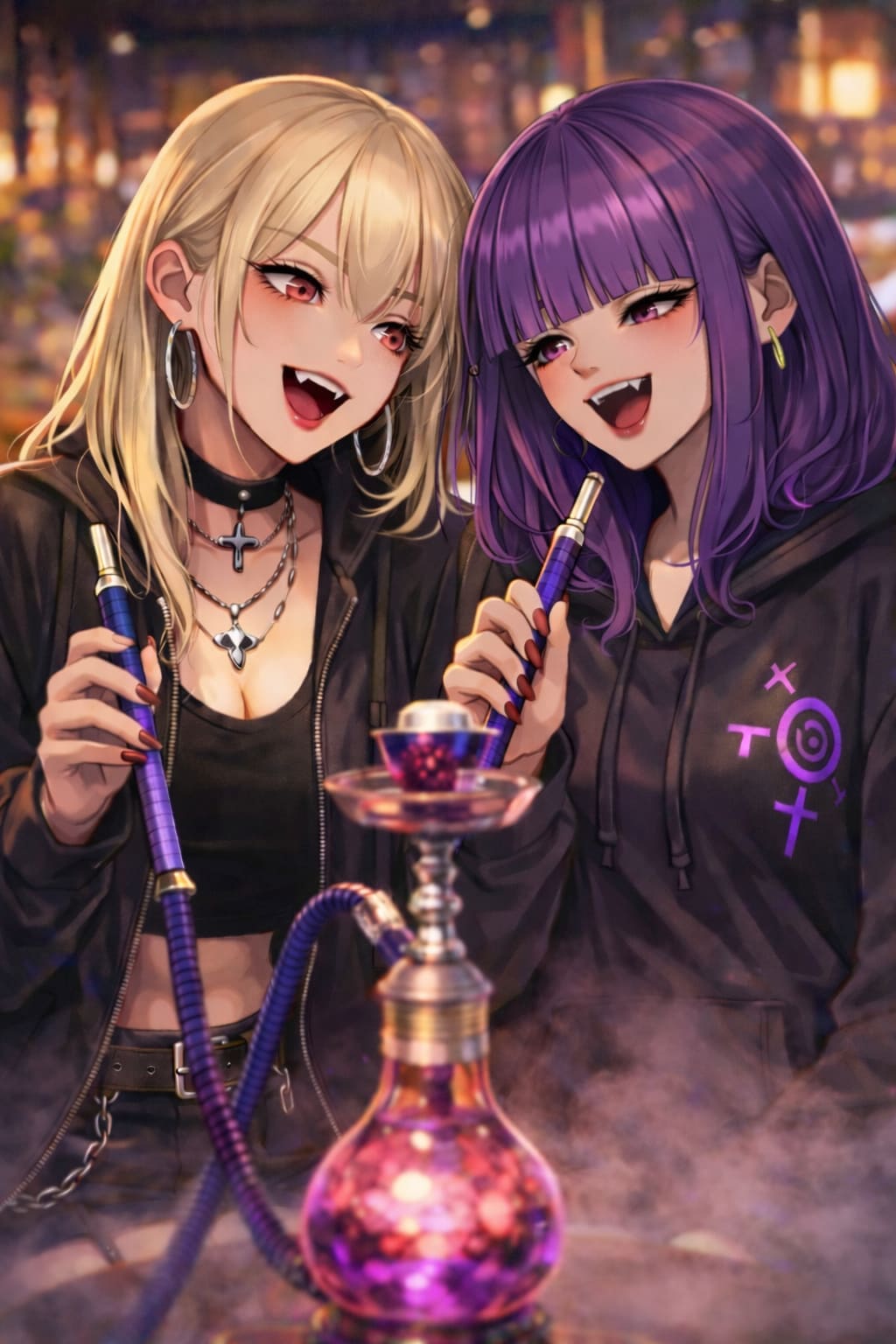 シーシャを吸うギャル吸血鬼二人