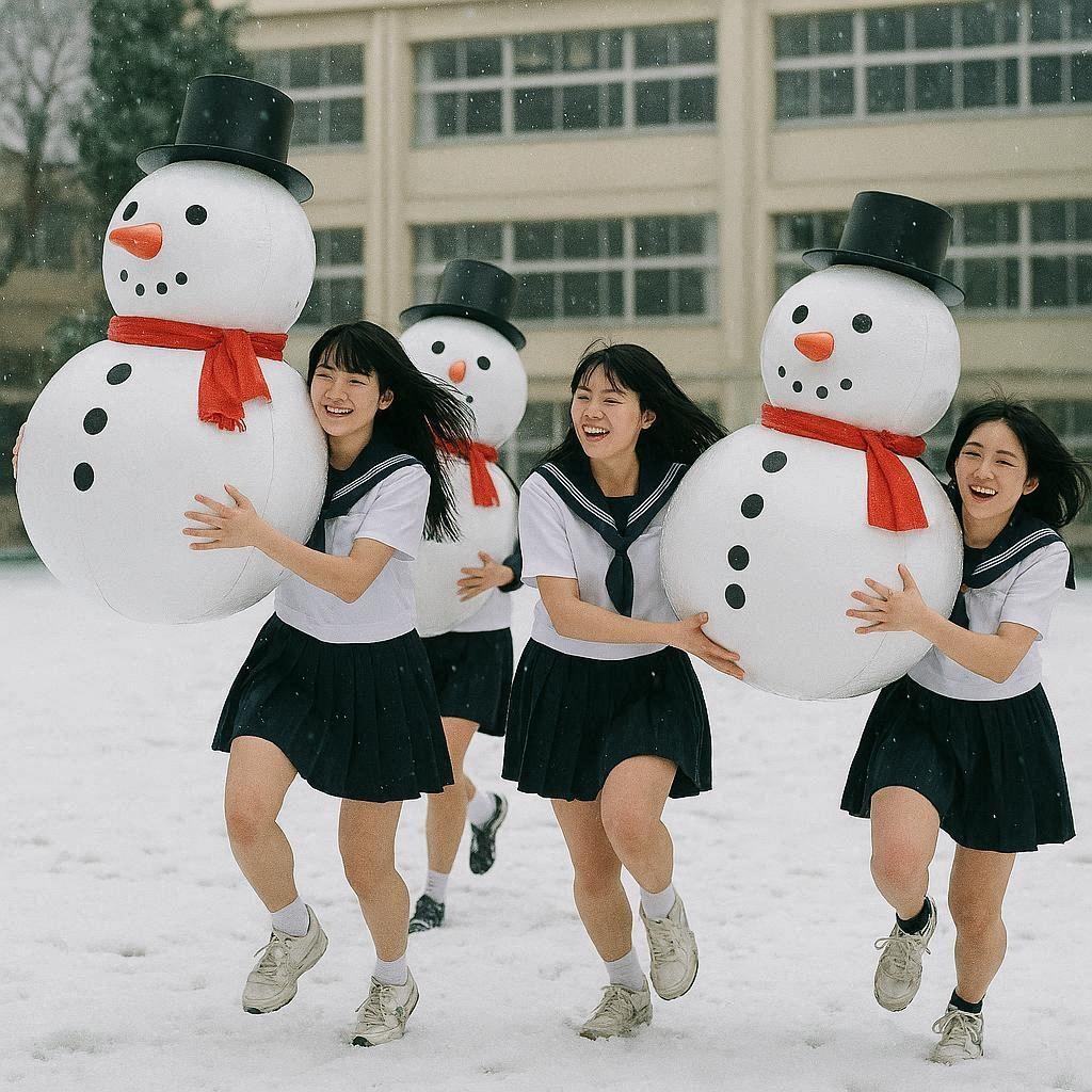 雪だるまで足腰を鍛える女子高生