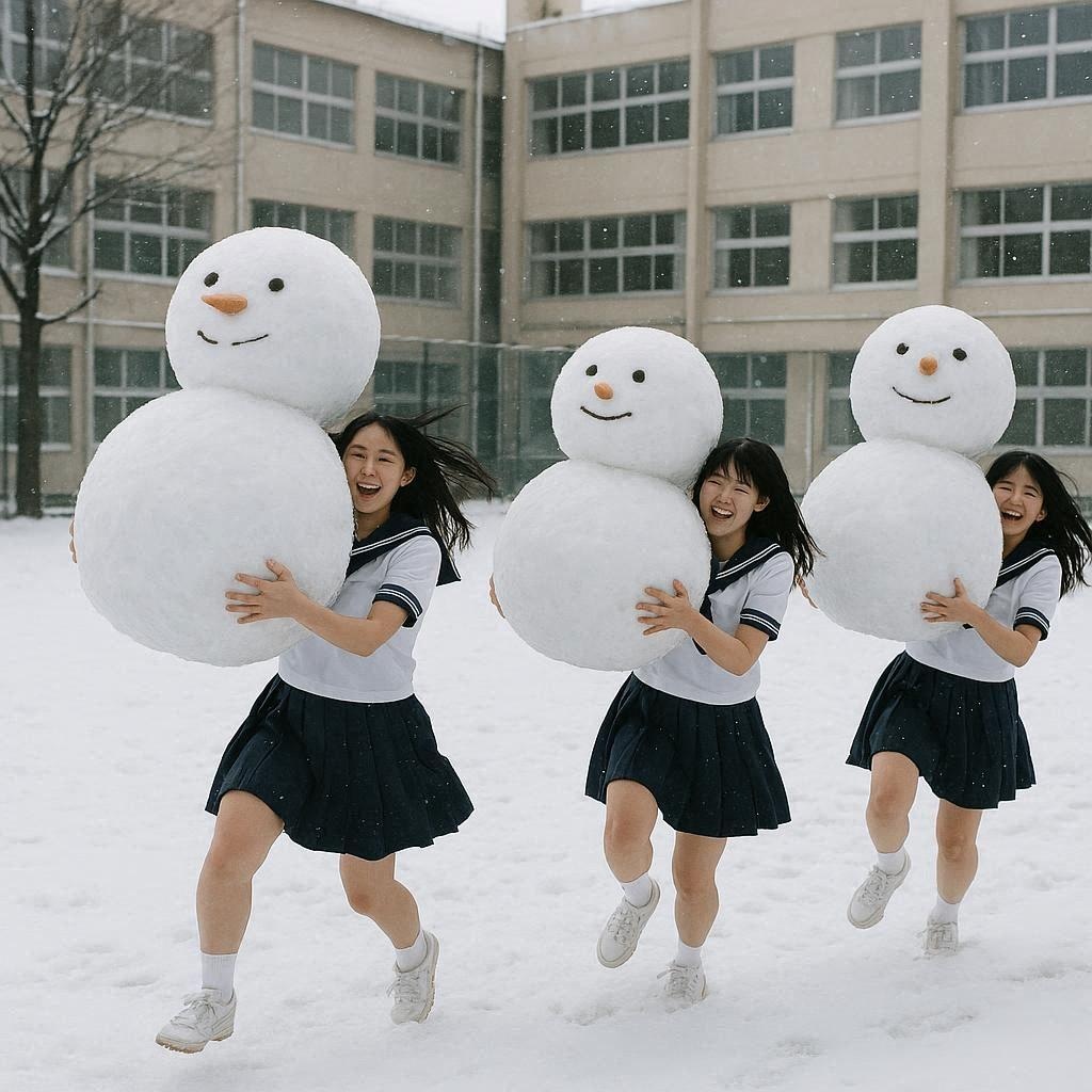 雪だるまで足腰を鍛える女子高生