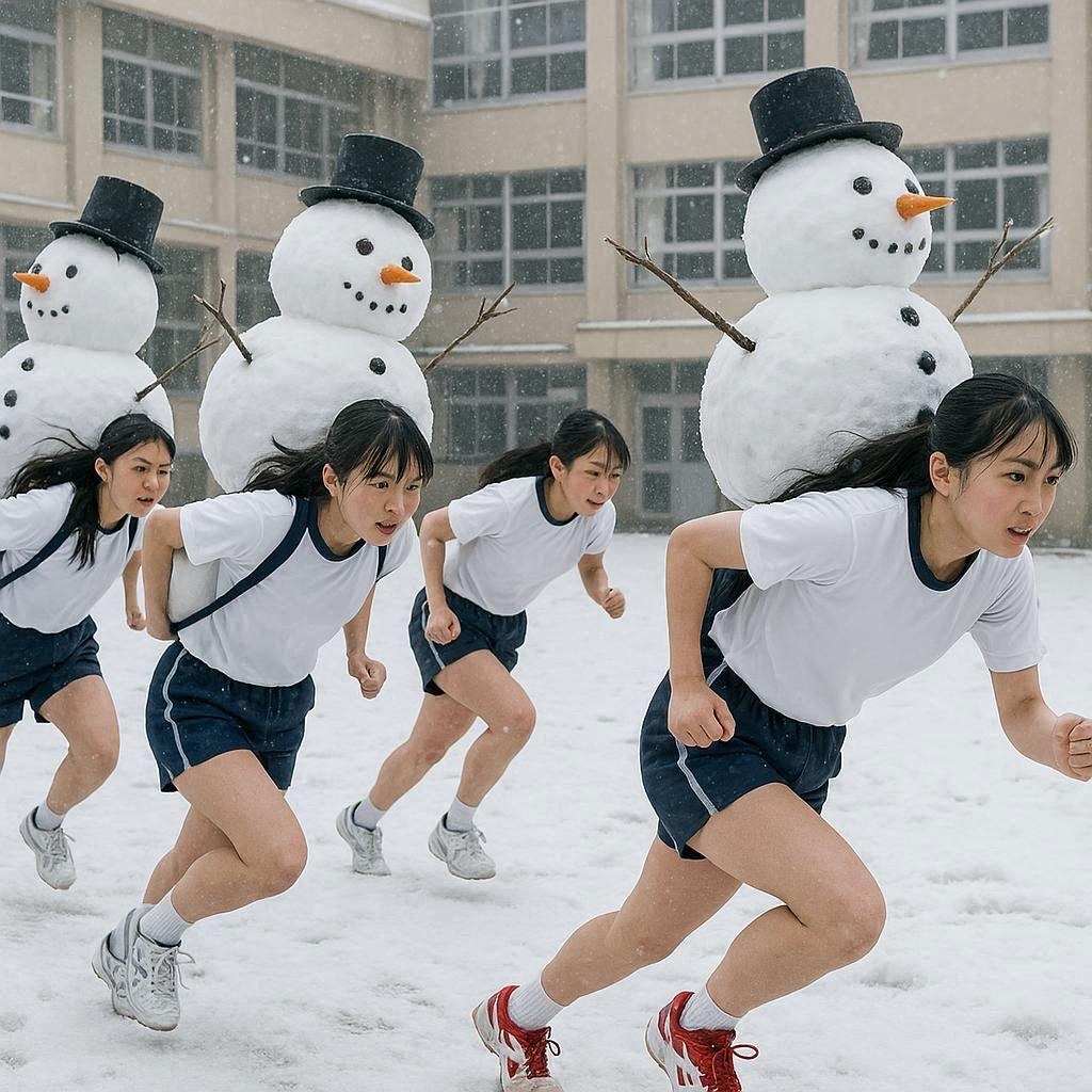 雪だるまで足腰を鍛える女子高生