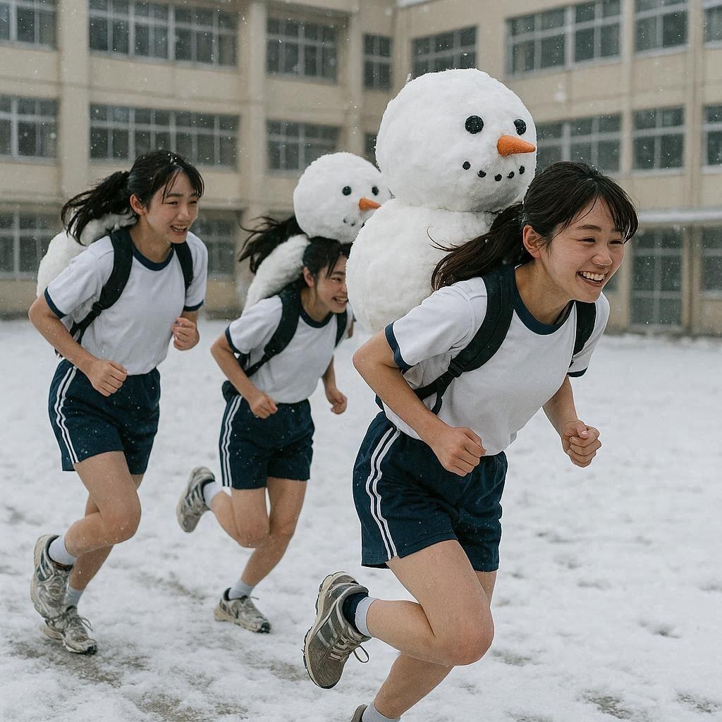 雪だるまで足腰を鍛える女子高生