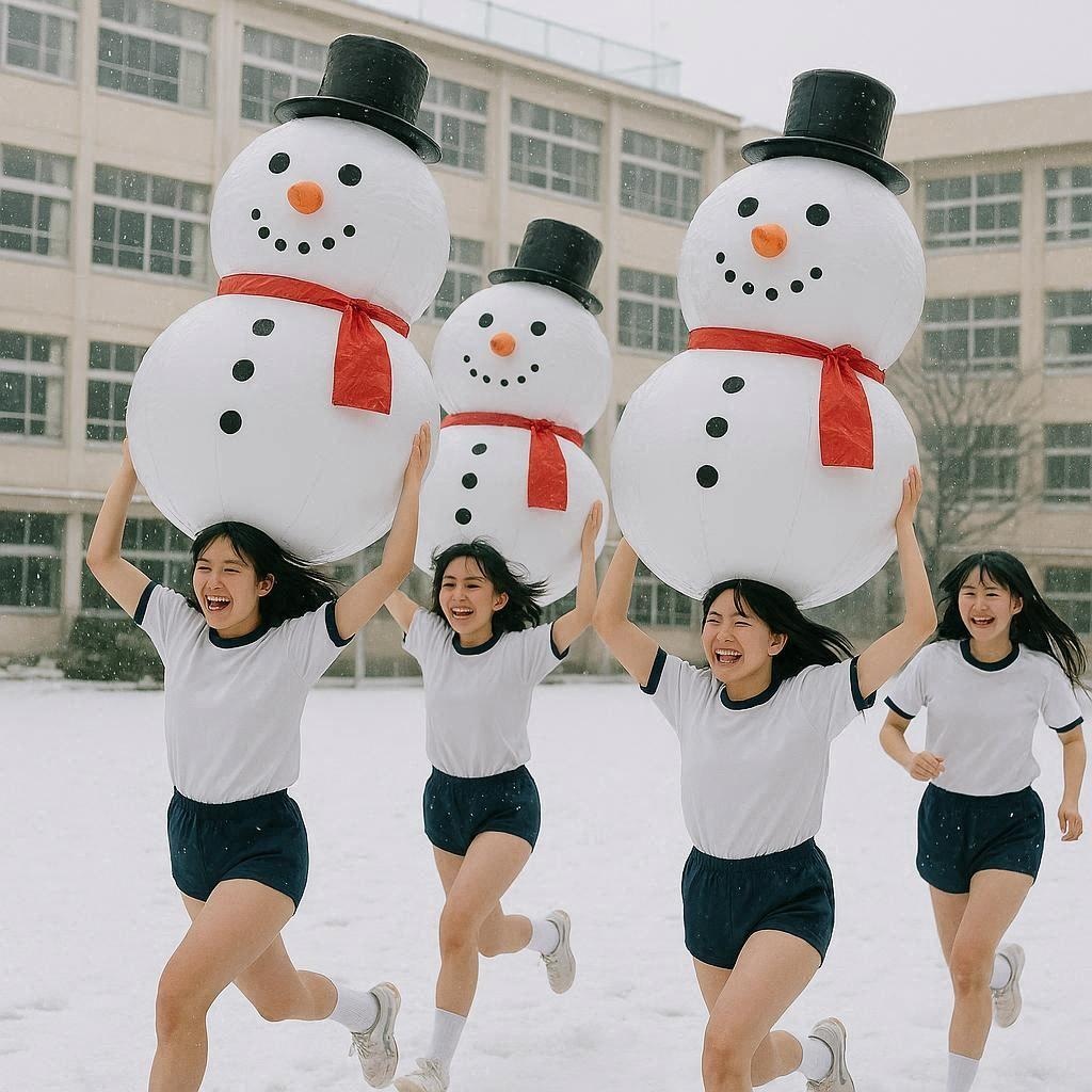 雪だるまで足腰を鍛える女子高生