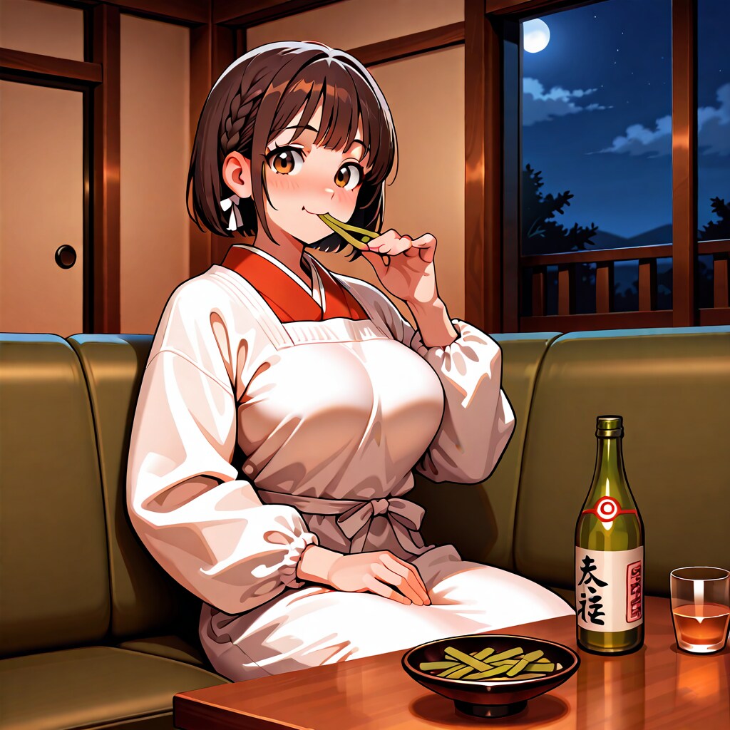 割烹着の女性　晩酌