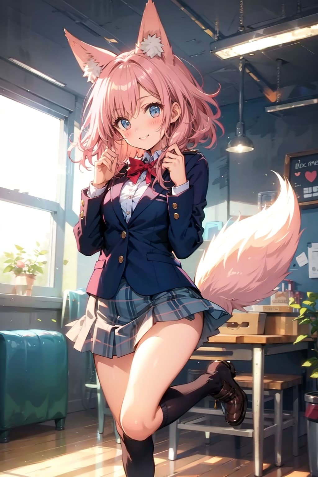 今日の狐耳娘。　可愛い、女子高生、狐耳、ピンクの毛、紺ブレザー、紺のチェックスカート、ミニスカート、胸に赤いリボン、片足にガータ、もふもふ尻尾 | の人気AIイラスト・グラビア