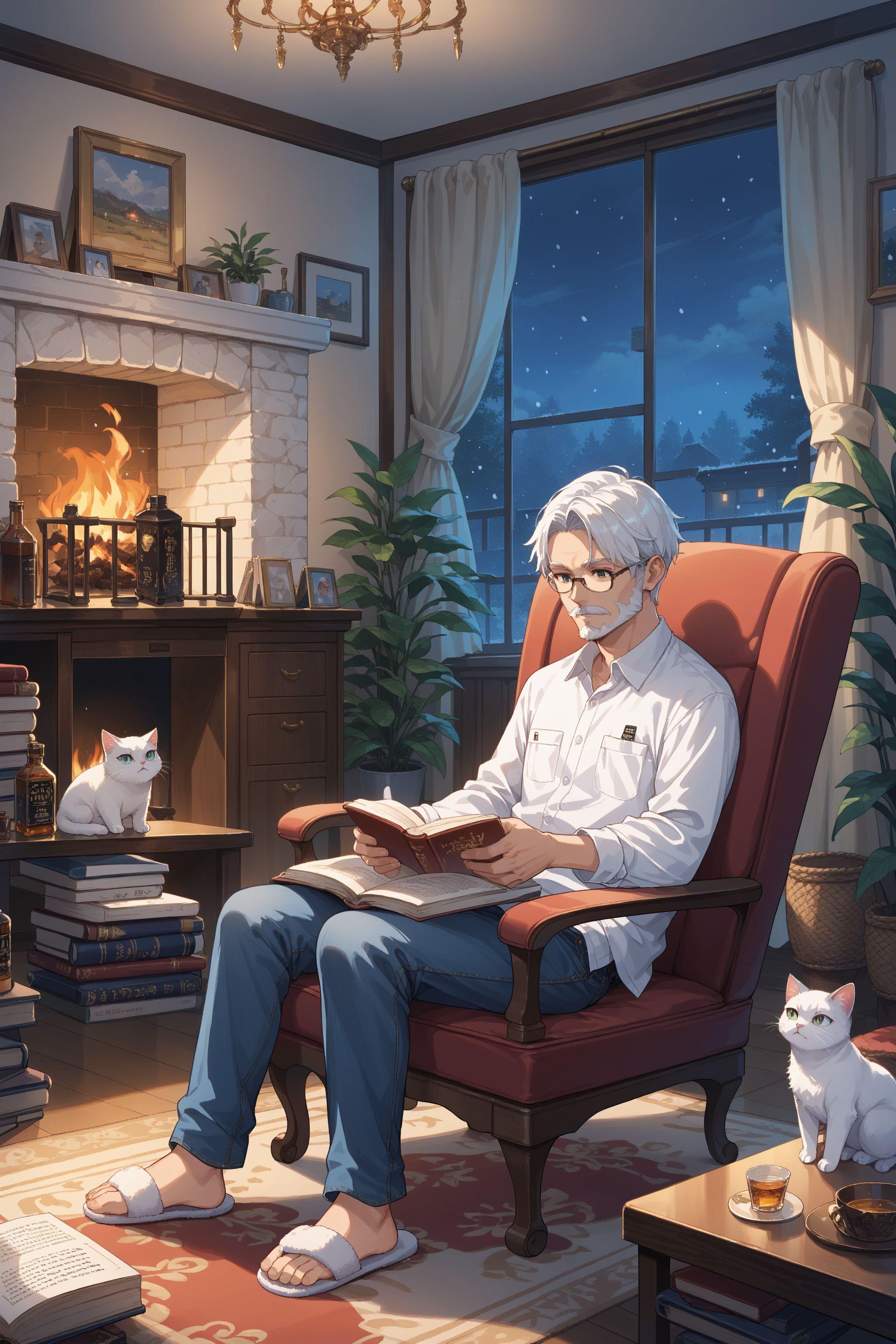 本を読むおっさんと白猫
