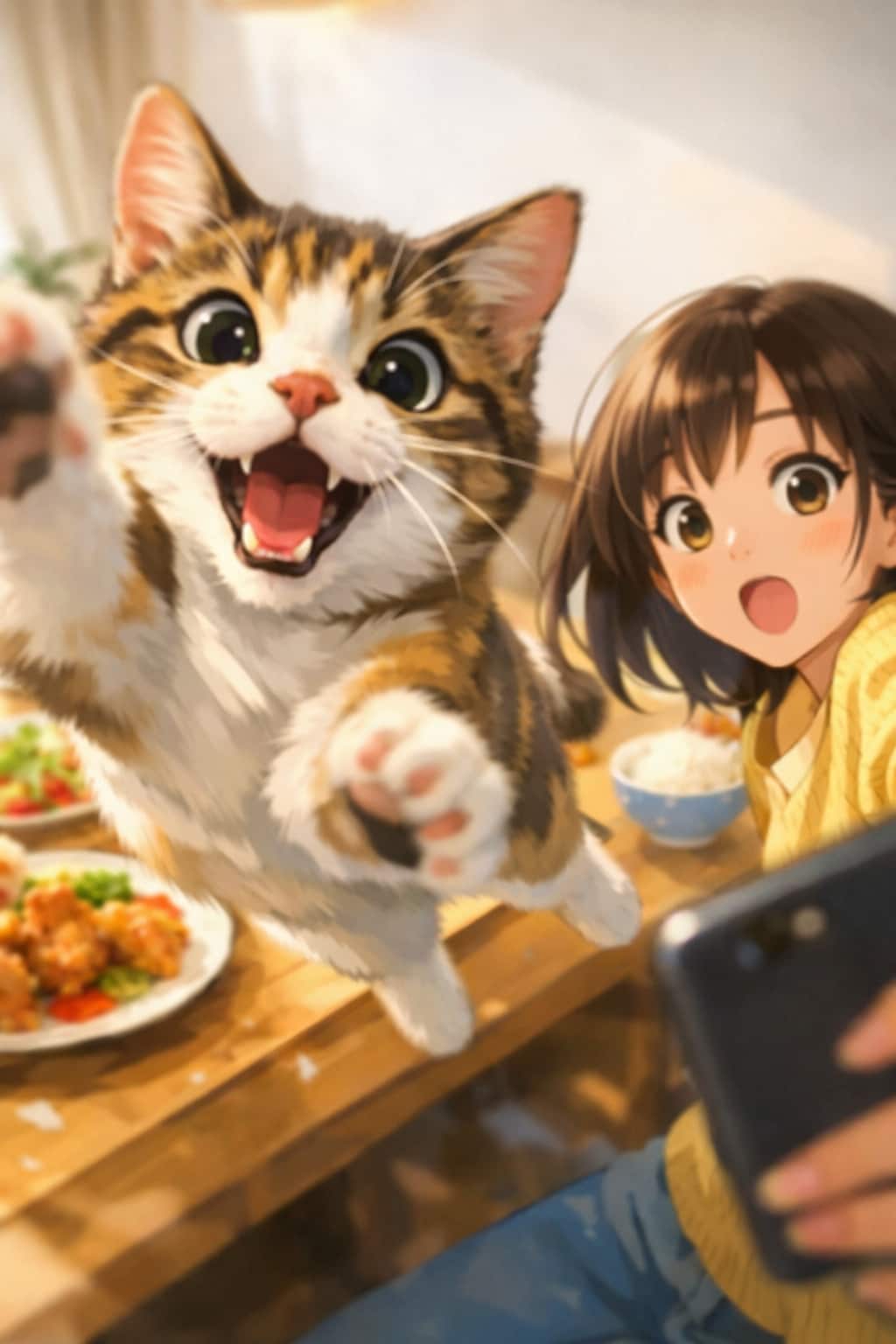 食事を背景に自撮りをしようとしたら