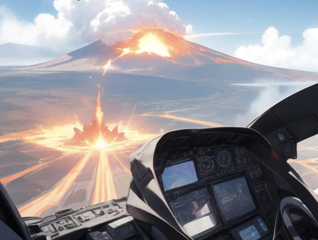 Over the volcano [remake of Girl piloting an airplane 4]