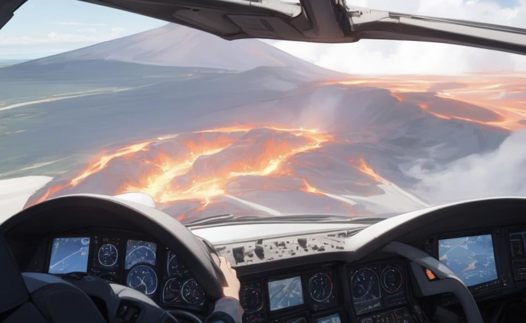 Over the volcano [remake of Girl piloting an airplane 4]