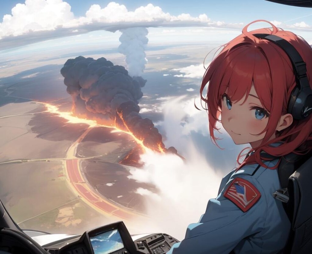 Over the volcano [remake of Girl piloting an airplane 4]