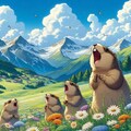 アニメ塗り風、アルプス山脈で絶叫するマーモット 3枚目
