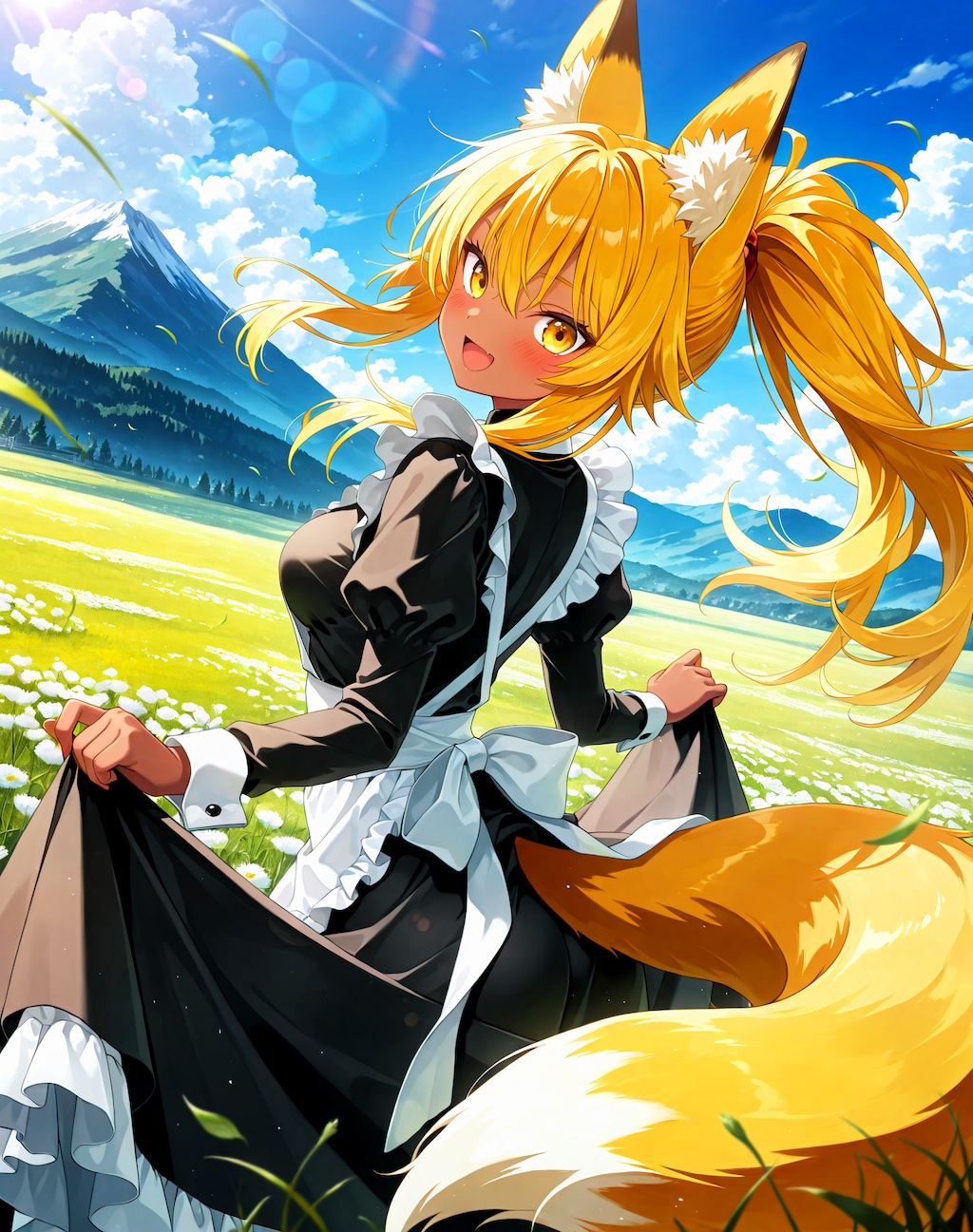 屋外でメイド服金狐