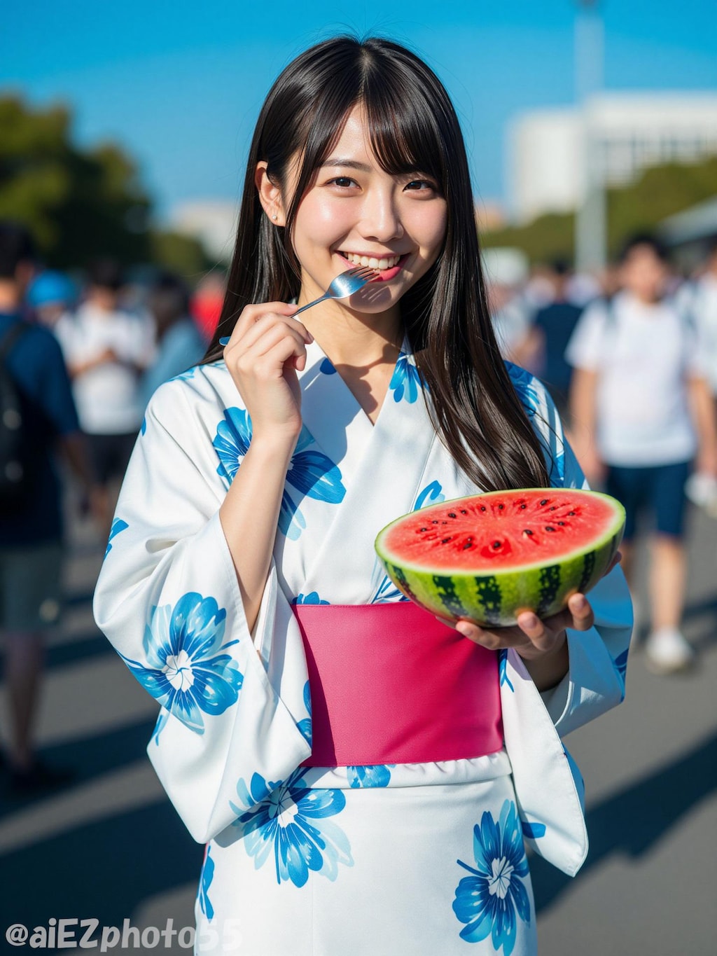 スイカと浴衣のお姉さん
