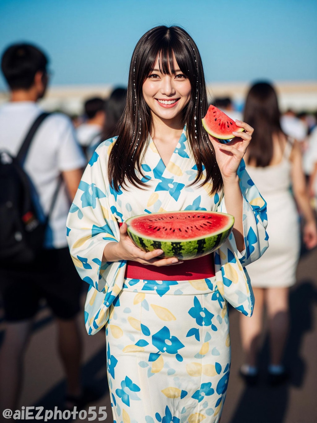 スイカと浴衣のお姉さん