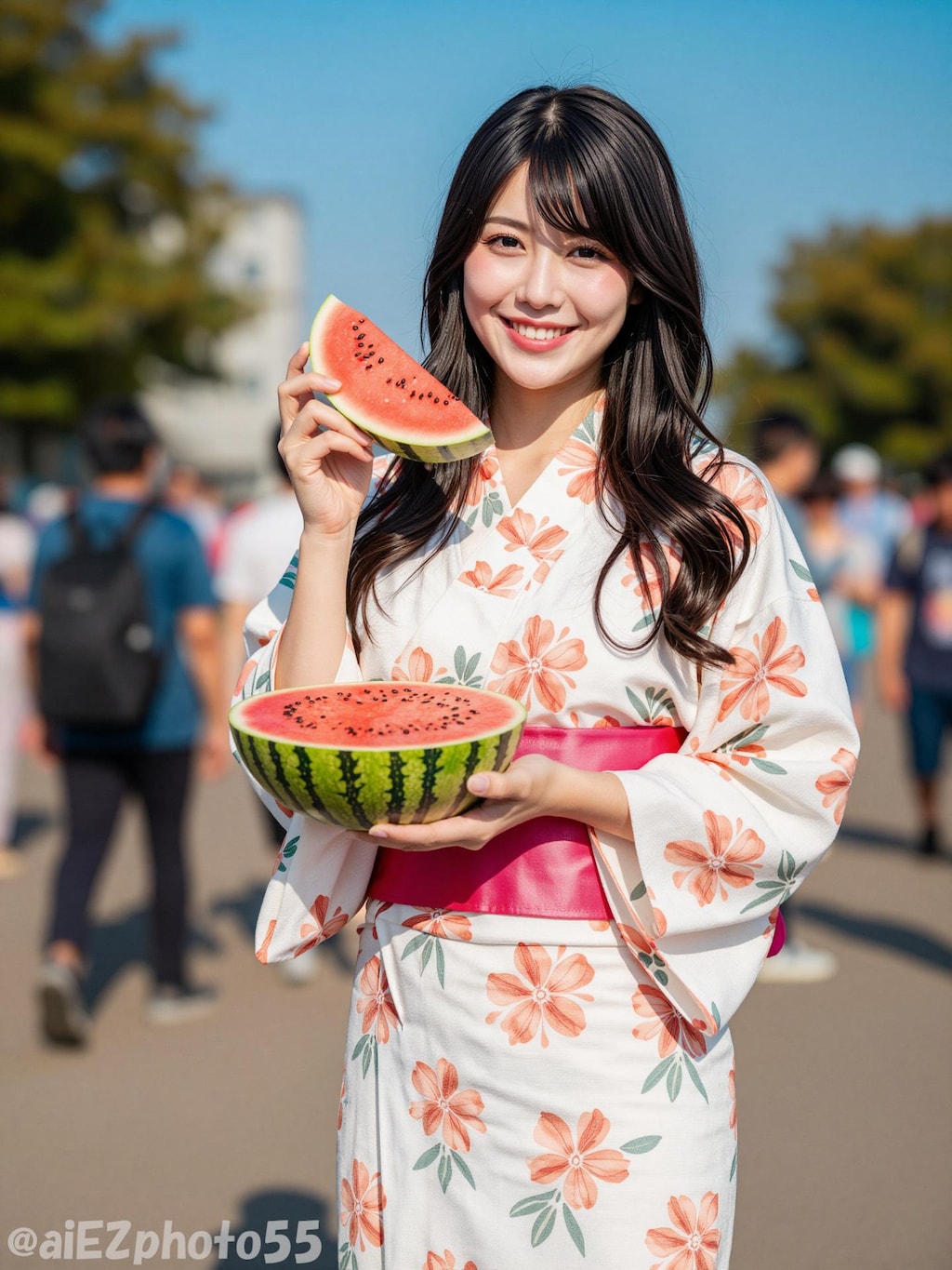 スイカと浴衣のお姉さん