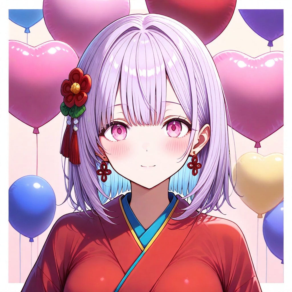 沢山の風船を膨らませる着物の美女 | の人気AIイラスト・グラビア