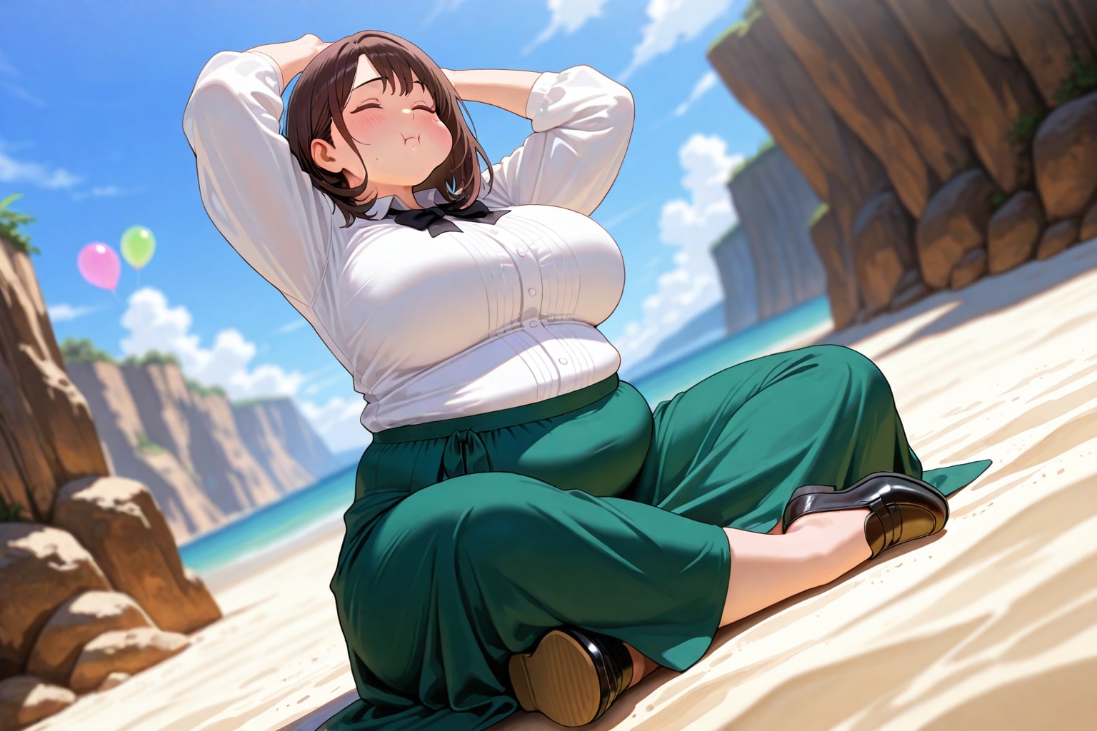 浜辺で伸び