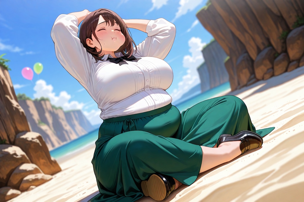 浜辺で伸び