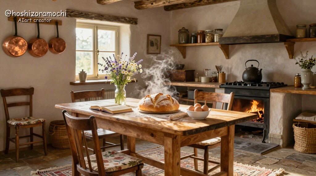 古い農家の台所で紡がれる午後の静寂