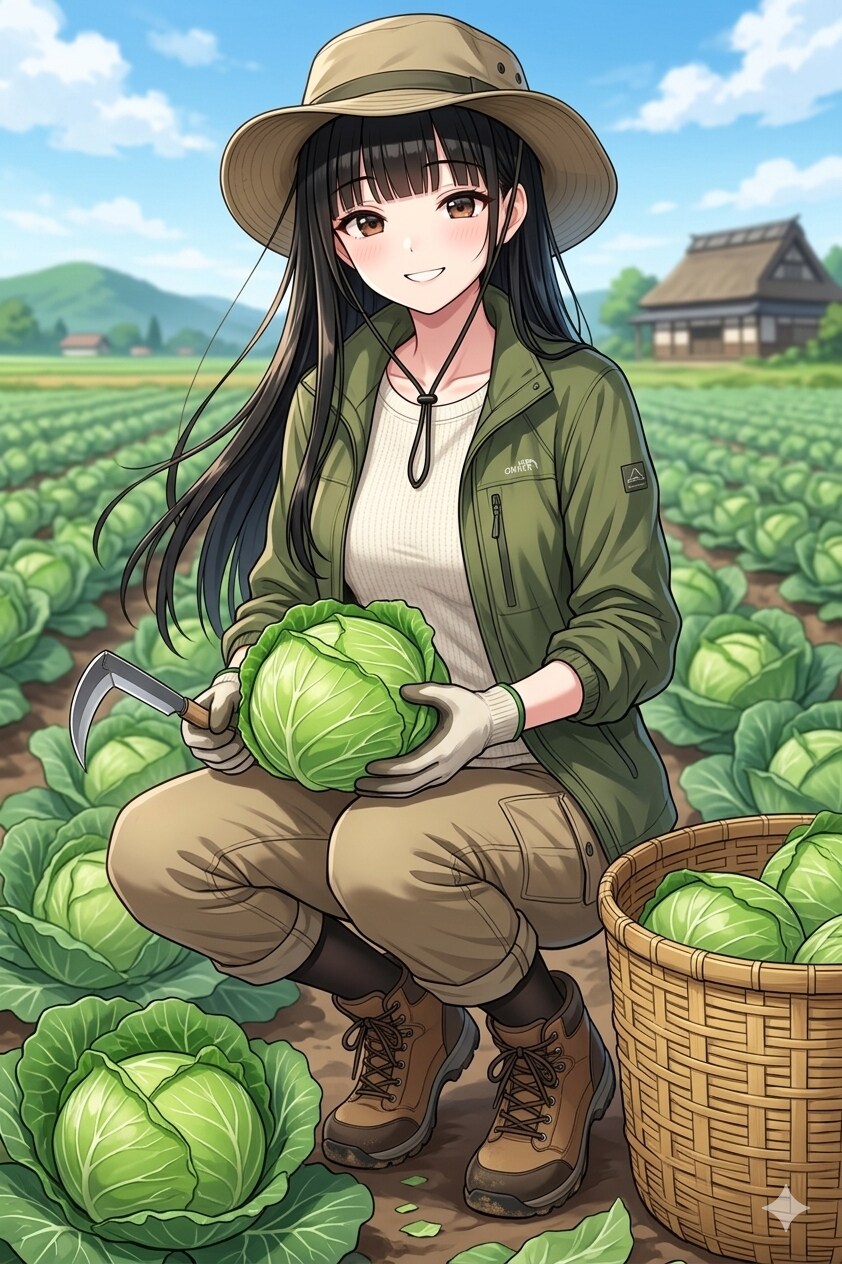 サキちゃんと春キャベツ収穫