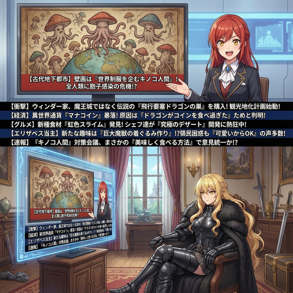 壁画と諸々のニュースを見るエリザベス