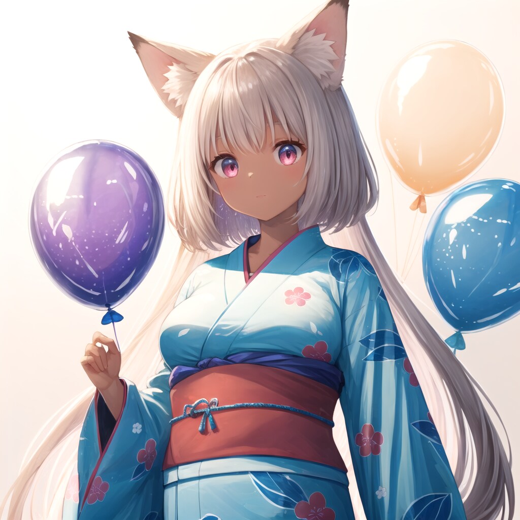 着物のケモミミ娘と風船 | の人気AIイラスト・グラビア