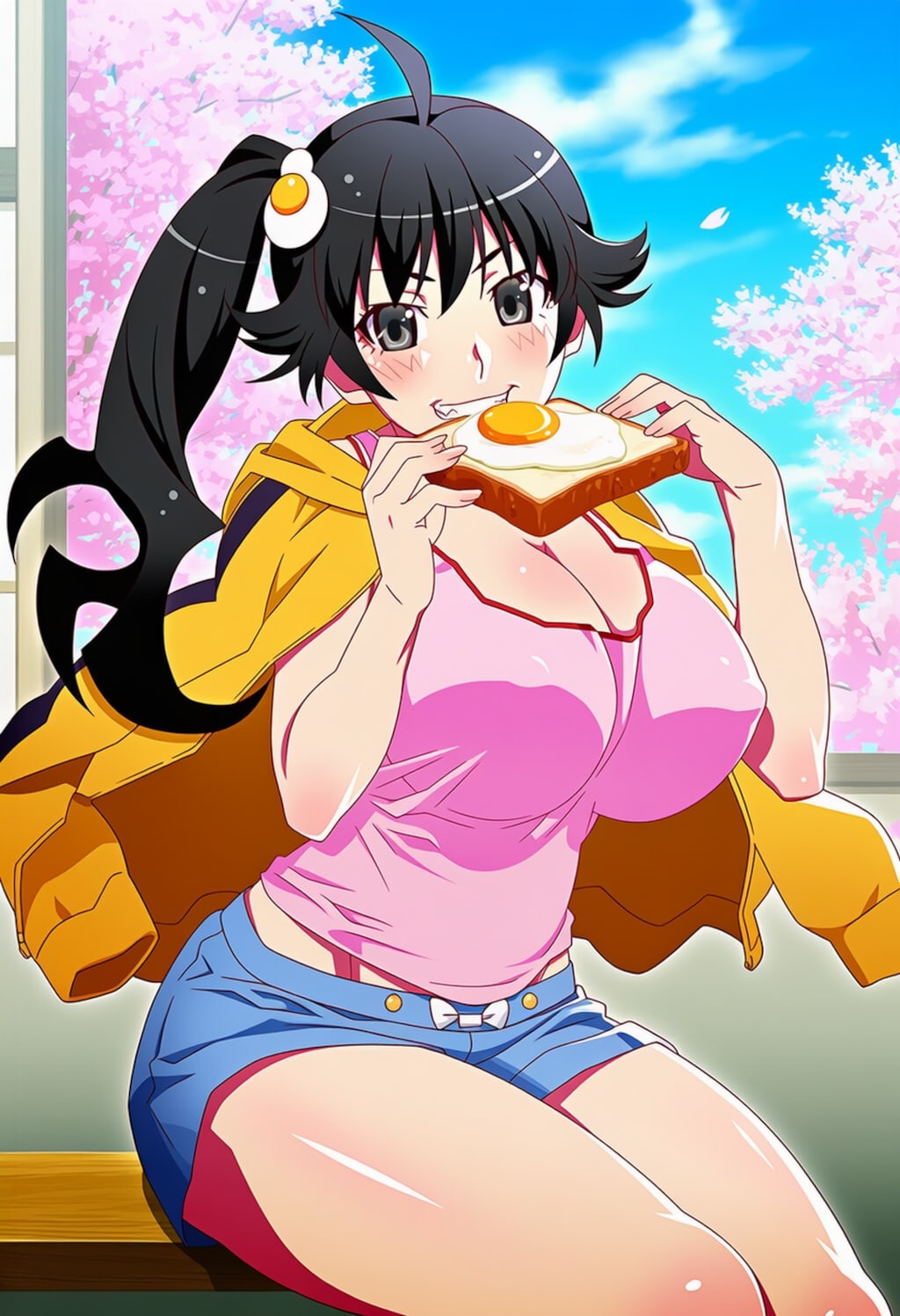 春の目玉焼き食べる私服コスプレ大きいほうの妹人妻