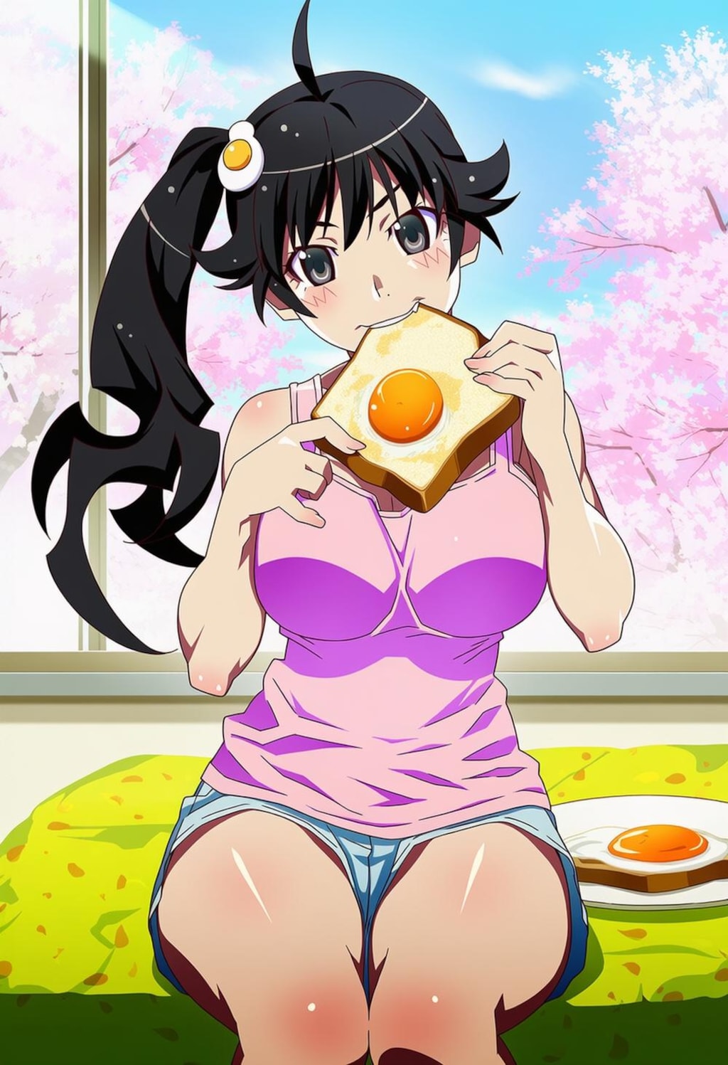 春の目玉焼き食べる私服コスプレ大きいほうの妹人妻