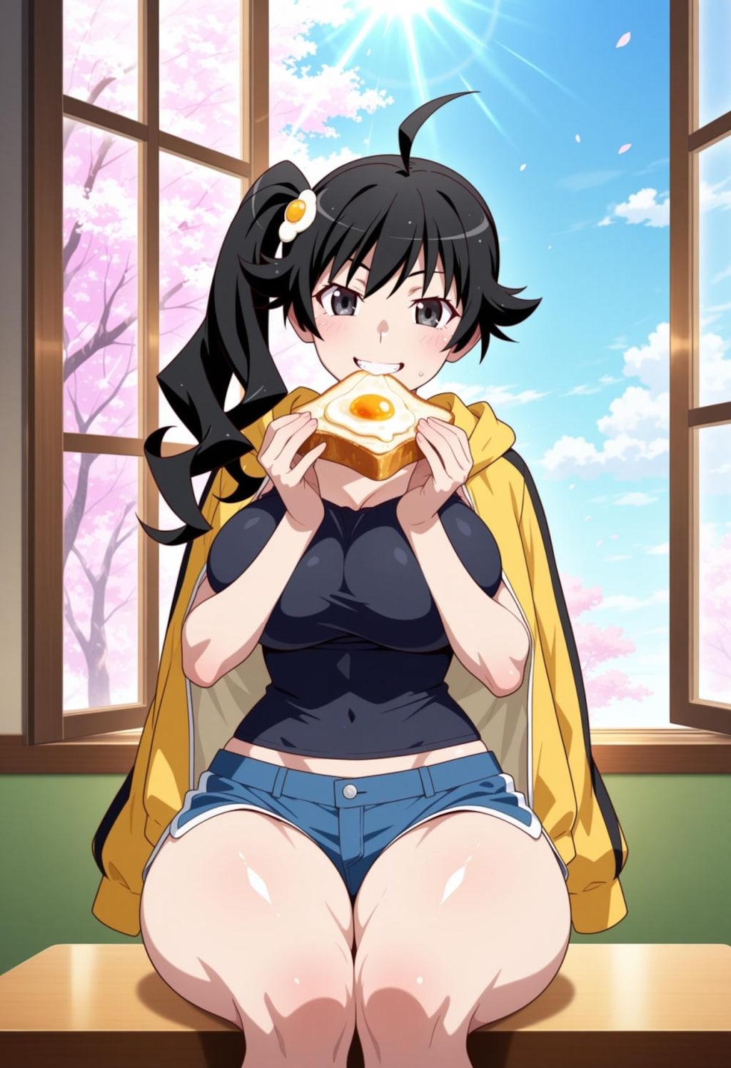 春の目玉焼き食べる私服コスプレ大きいほうの妹人妻