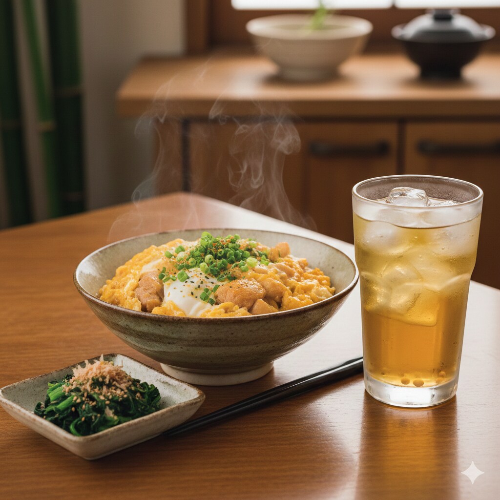 【昼食】親子丼、ほうれん草のお浸し、麦茶