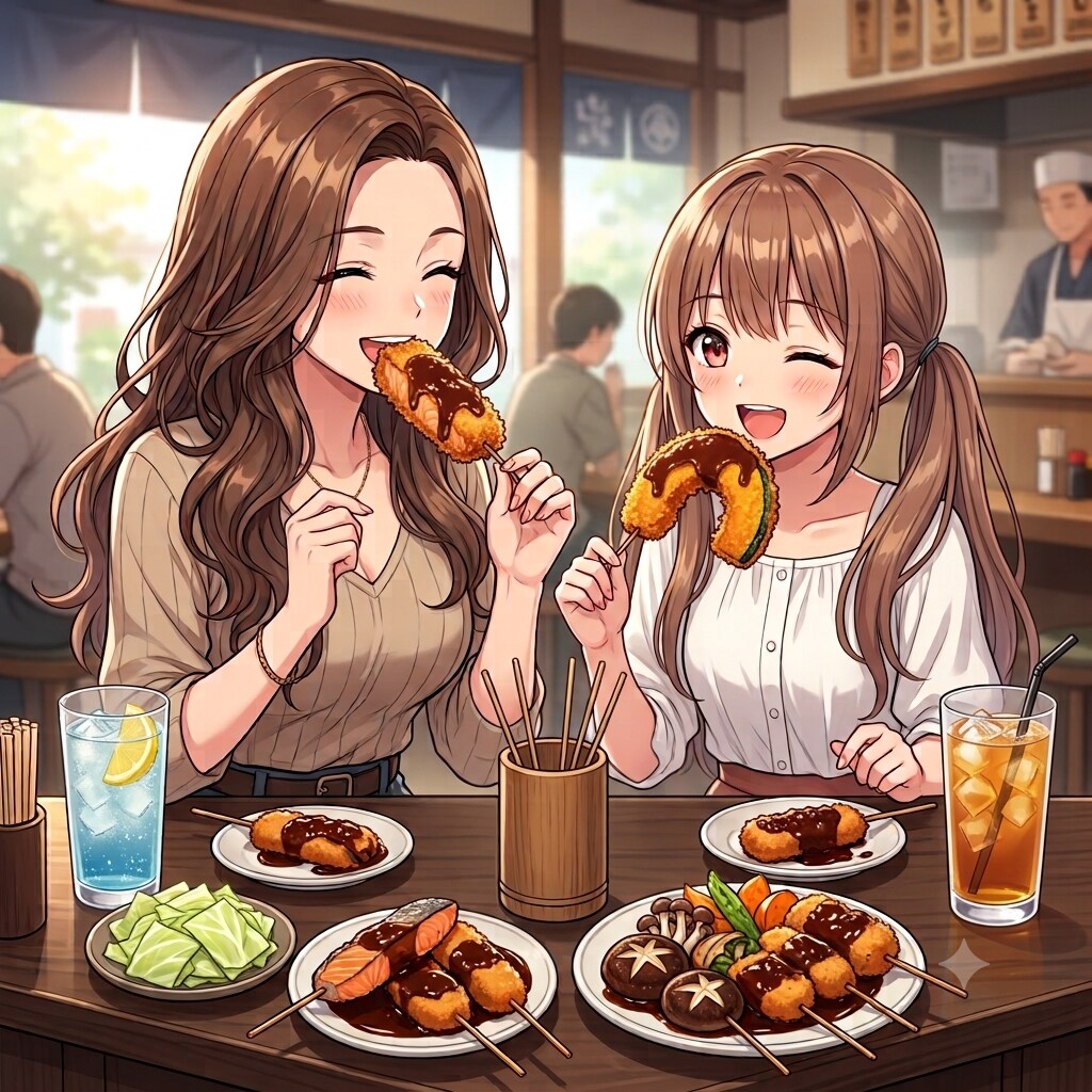 梢ちゃんと串カツランチする椎菜ちゃん | の人気AIイラスト・グラビア