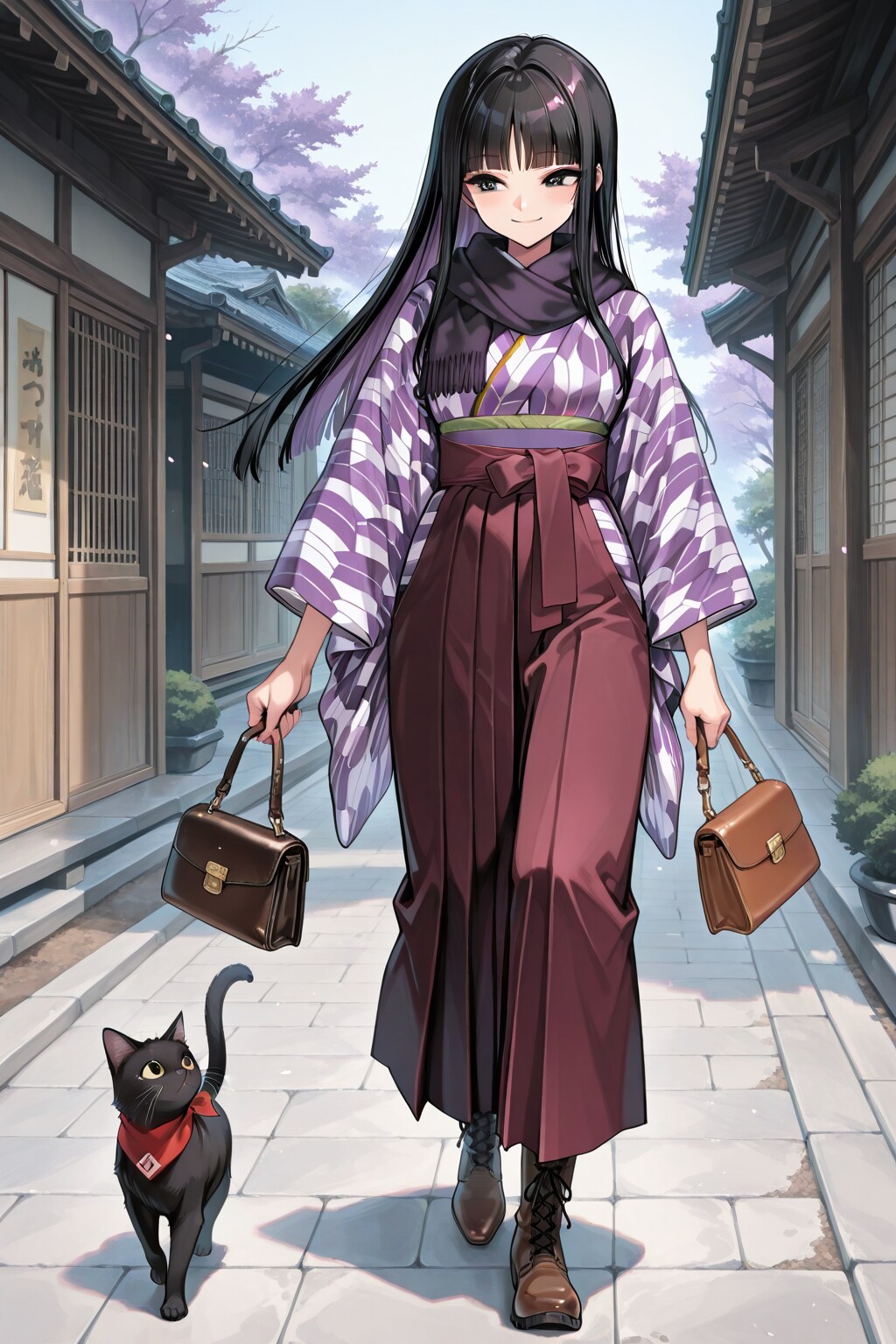 黒猫と着物女子(大正ロマン)