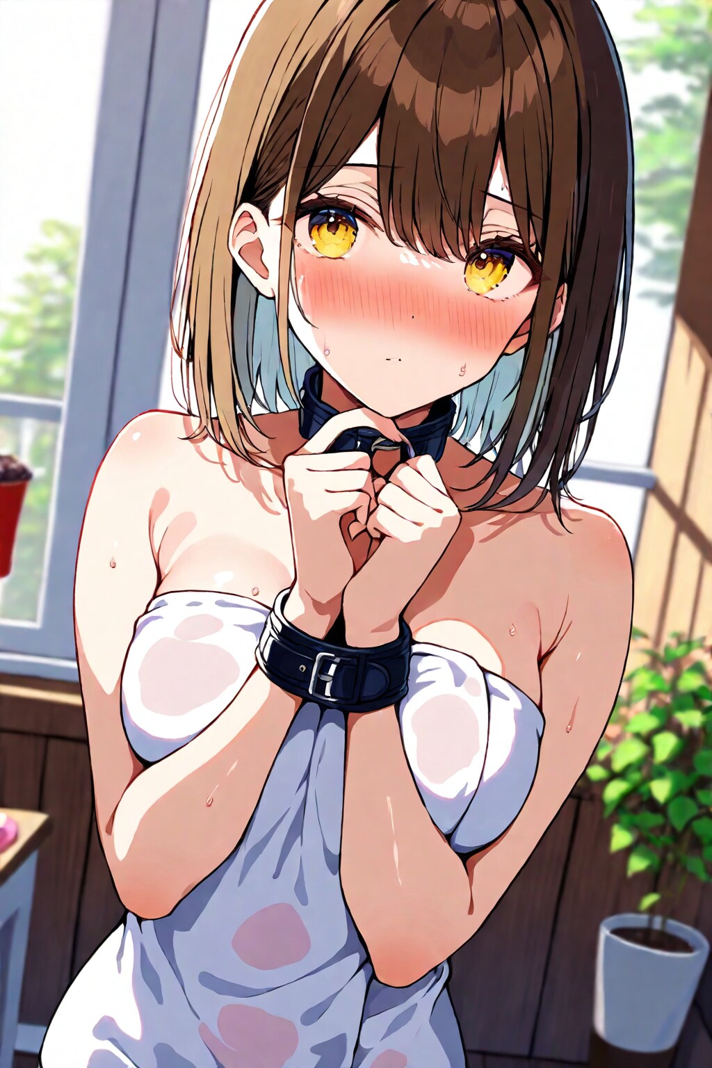 バスタオル一枚、手枷付き