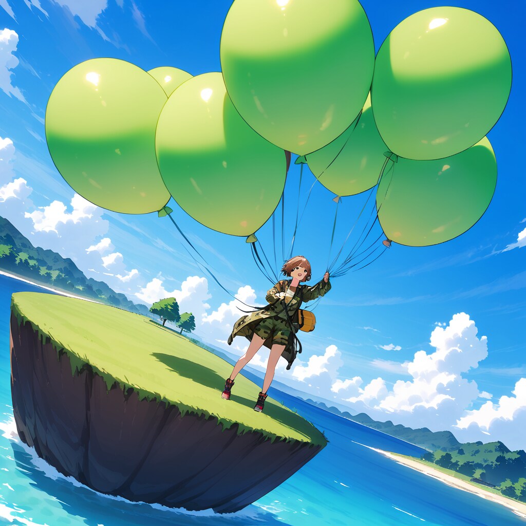 無人島でいっぱい緑色の巨大風船を持つブラウンショートカットの迷彩服の美女。