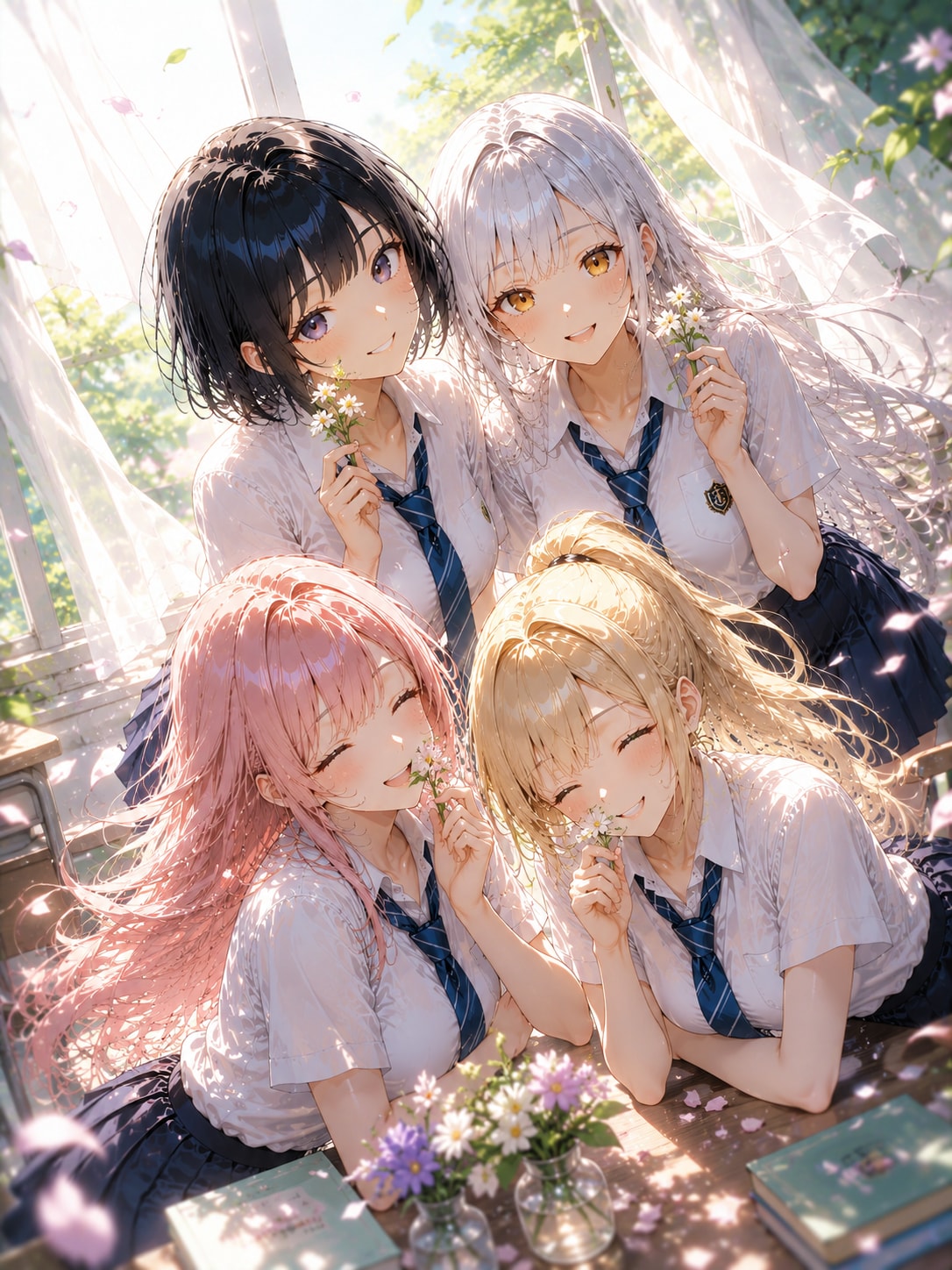 花びら舞う窓辺の少女たち | の人気AIイラスト・グラビア