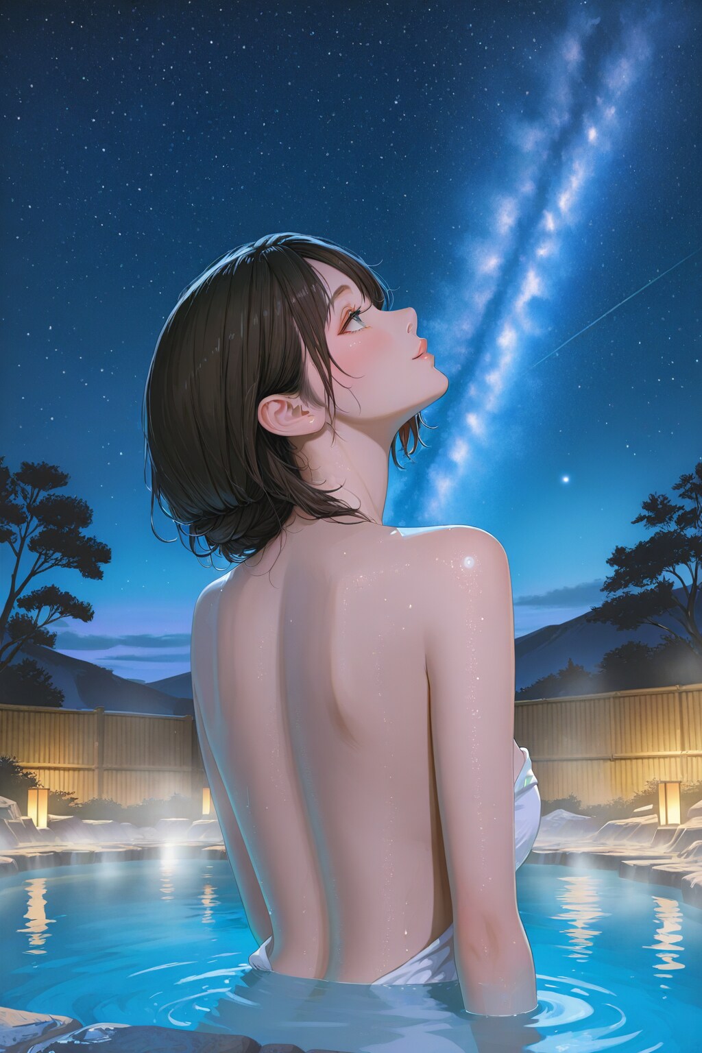 Photorealistic Lady, 美女の背中、美しいプロポーション、リゾート地、露天風呂、夜、美しい星空、天の川、温泉に肩まで浸かり星空を見上げる淑女。