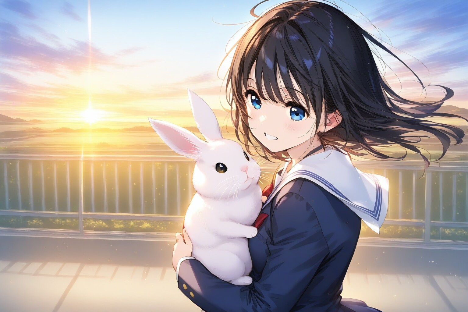 屋上の秘密、ウサギと少女 | の人気AIイラスト・グラビア